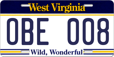 WV license plate OBE008
