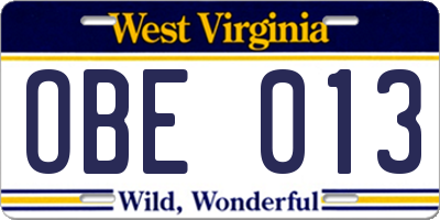 WV license plate OBE013