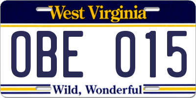 WV license plate OBE015
