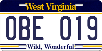 WV license plate OBE019