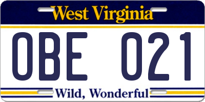 WV license plate OBE021