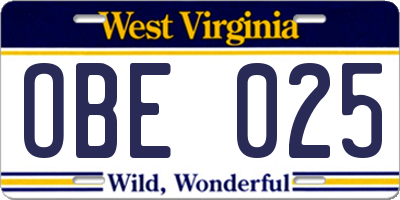 WV license plate OBE025
