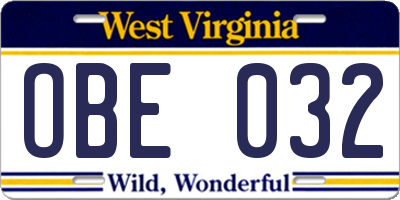 WV license plate OBE032
