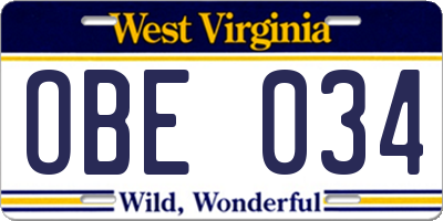 WV license plate OBE034