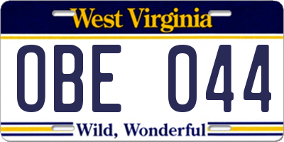 WV license plate OBE044