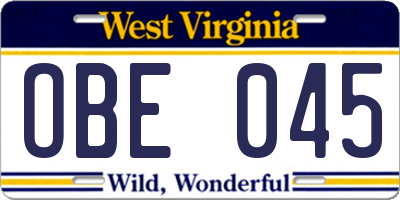 WV license plate OBE045