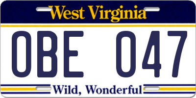 WV license plate OBE047