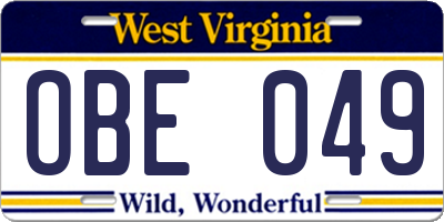 WV license plate OBE049