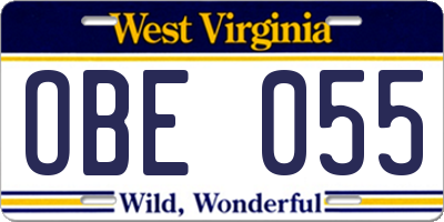 WV license plate OBE055