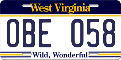 WV license plate OBE058
