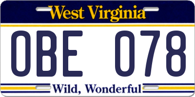 WV license plate OBE078
