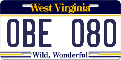 WV license plate OBE080