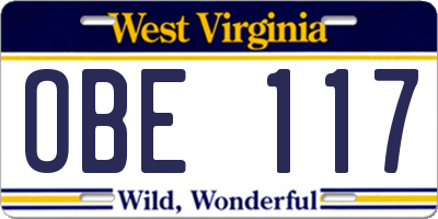 WV license plate OBE117