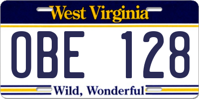 WV license plate OBE128
