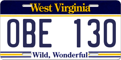 WV license plate OBE130