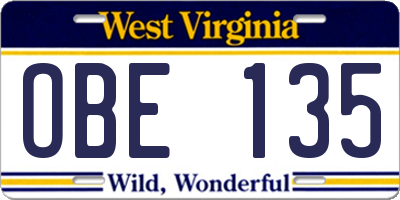 WV license plate OBE135