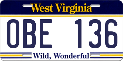 WV license plate OBE136