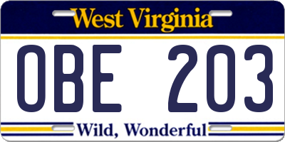 WV license plate OBE203