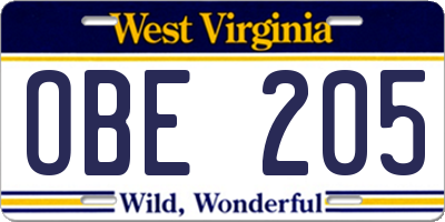 WV license plate OBE205