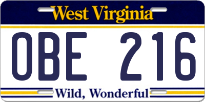 WV license plate OBE216