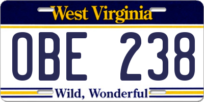 WV license plate OBE238