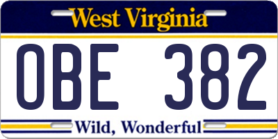 WV license plate OBE382
