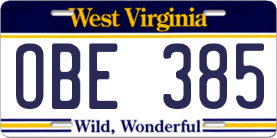 WV license plate OBE385