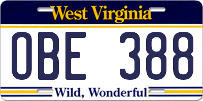 WV license plate OBE388