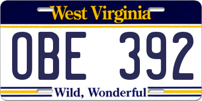 WV license plate OBE392