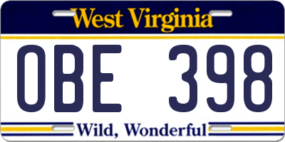 WV license plate OBE398