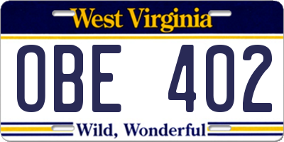 WV license plate OBE402