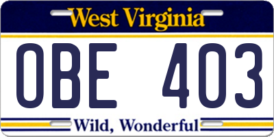 WV license plate OBE403