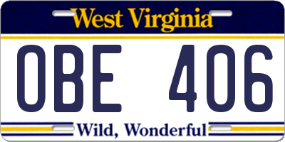 WV license plate OBE406