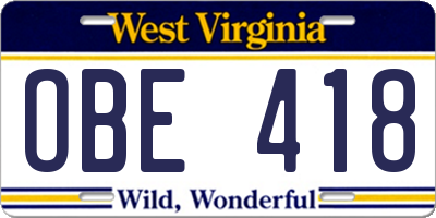 WV license plate OBE418