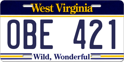 WV license plate OBE421