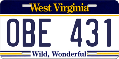 WV license plate OBE431