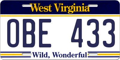 WV license plate OBE433