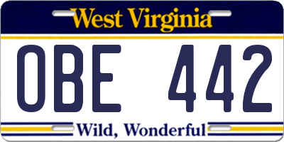 WV license plate OBE442