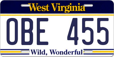 WV license plate OBE455