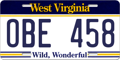 WV license plate OBE458