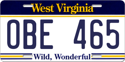 WV license plate OBE465