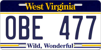 WV license plate OBE477