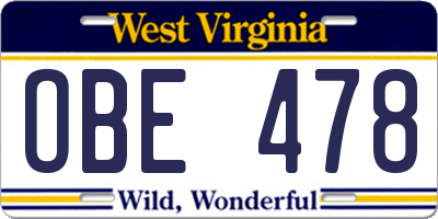 WV license plate OBE478