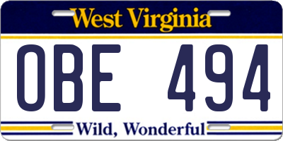 WV license plate OBE494