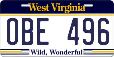 WV license plate OBE496