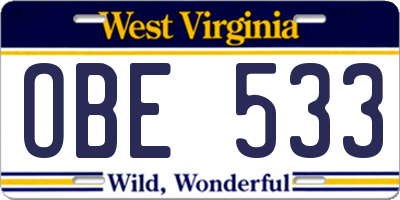 WV license plate OBE533