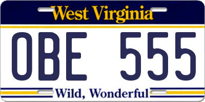 WV license plate OBE555