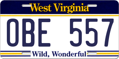 WV license plate OBE557