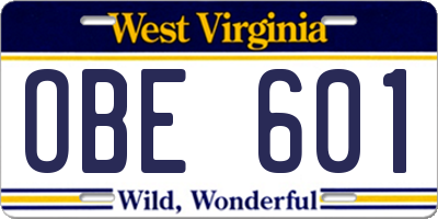 WV license plate OBE601