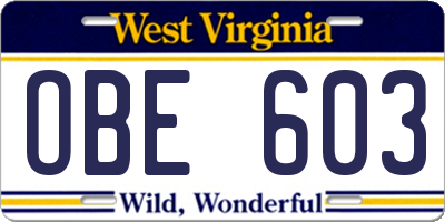 WV license plate OBE603
